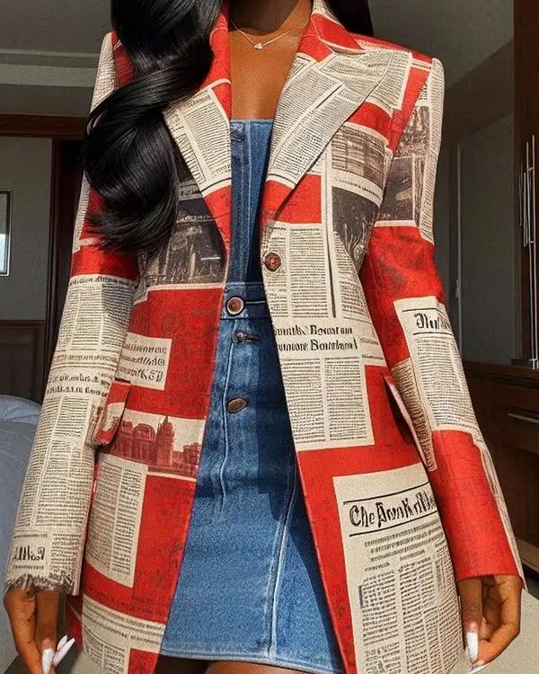 Long Sleeves Loose Buttoned Newspaper Print Pockets Split-Joint Notched Collar Blazer Outerwear