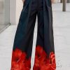 High Waisted Loose Floral Printed Pleated Split-Joint Pants Trousers