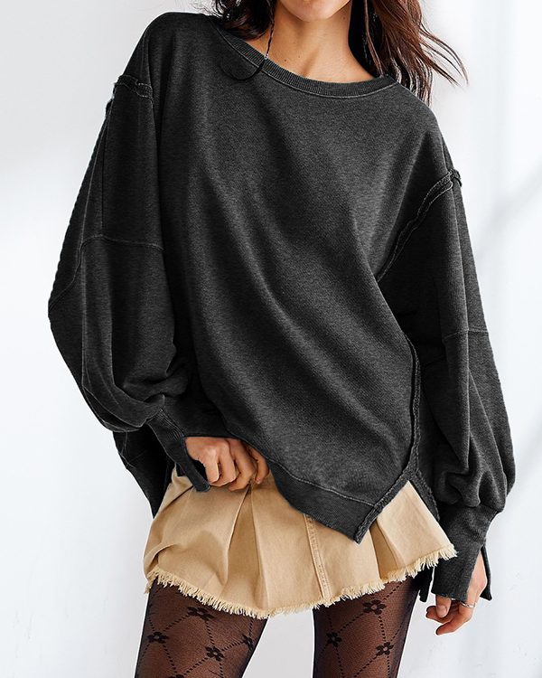Long Sleeves Loose Fringed Solid Color Split-Joint Split-Side Round-Neck Sweatershirt