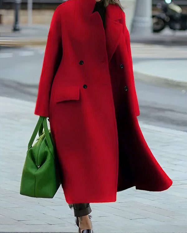 Long Sleeves Loose Buttoned Pockets Solid Color Split-Joint Stand Collar Woolen Coat