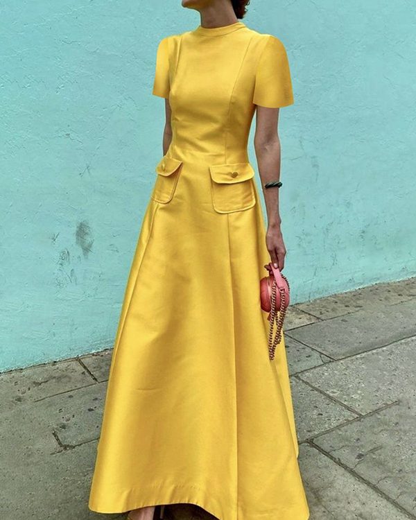 Short Sleeves Pockets Solid Color Split-Joint Round-Neck Maxi Dresses