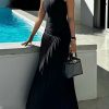 Bodycon Sleeveless Hollow Pleated Solid Color Split-Joint Mock Neck Maxi Dresses