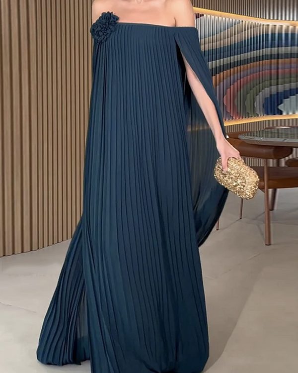 Loose Gauze Pleated Solid Color Tiered Off-The-Shoulder Evening Dresses Maxi Dresses