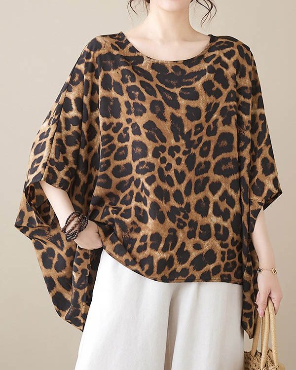 Batwing Sleeves Loose Leopard Round-Neck T-Shirts Tops