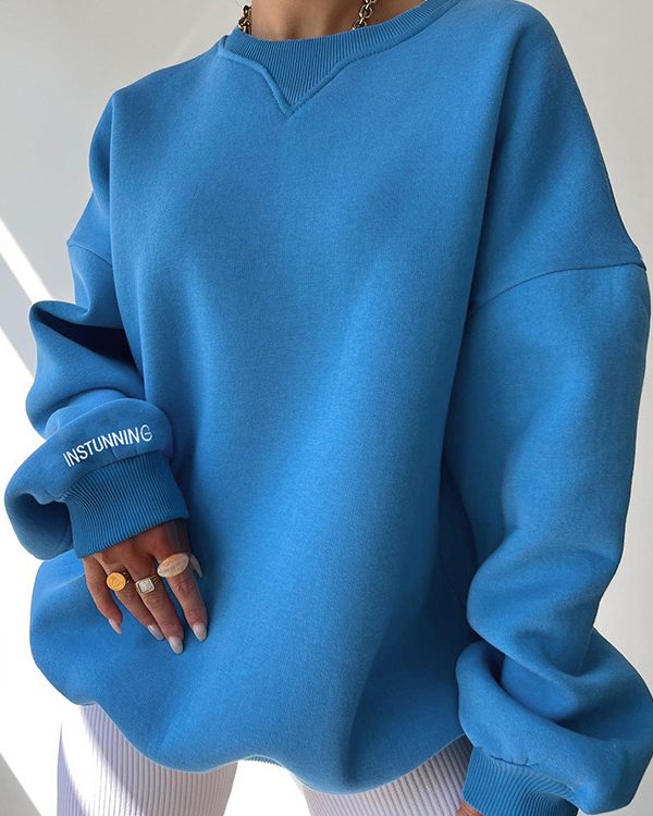 Long Sleeves Loose Letter Print Split-Joint Round-Neck Sweatershirt