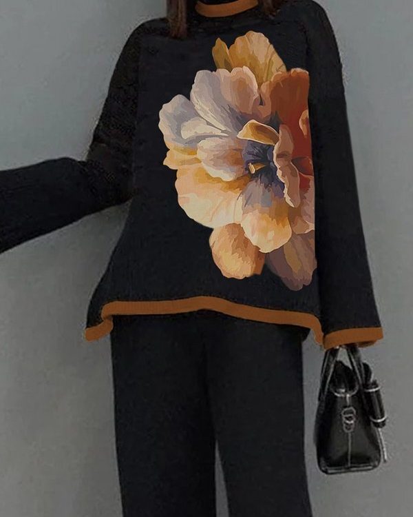 Flared Sleeves Long Sleeves Flower Print Split-Joint Mock Neck T-Shirts Tops