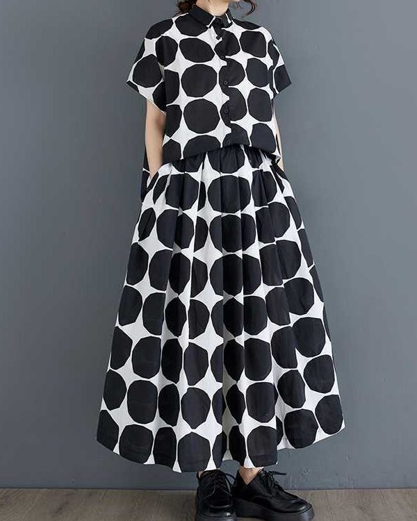 Loose Short Sleeves Buttoned Polka-Dot Lapel Blouse Tops Skirts Bottoms Two Pieces Set