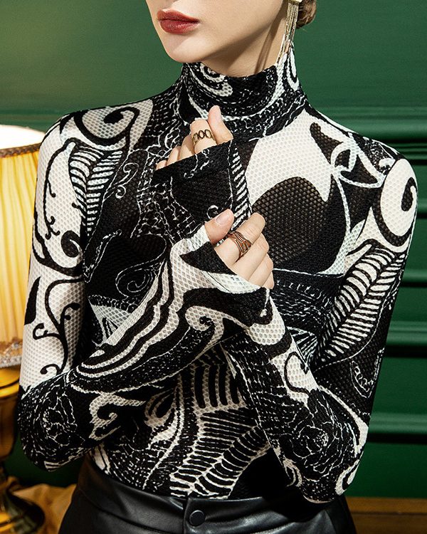 Stylish Selection Long Sleeves Skinny Printed Half Turtleneck T-Shirts Tops