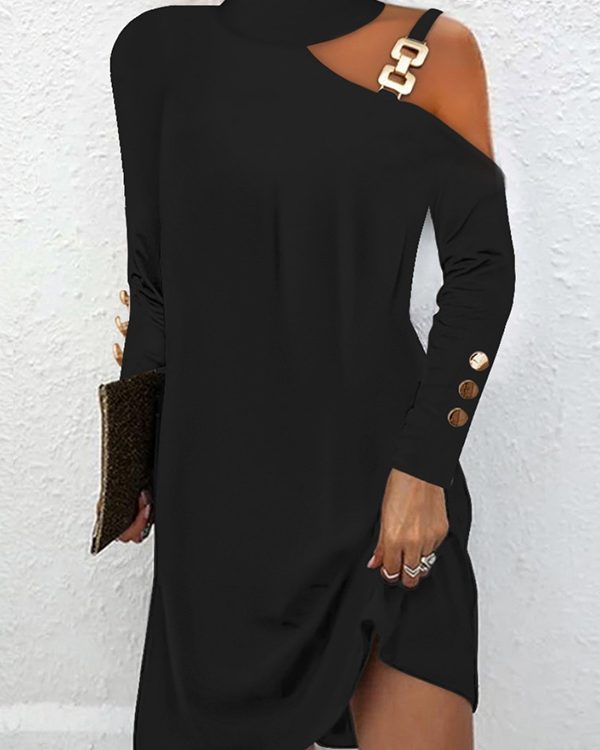 Long Sleeves Loose Asymmetric Buckle Buttoned Hollow One-Shoulder Mini Dresses