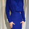 High Waisted Long Sleeves Pleated Solid Color Mock Neck Midi Dresses