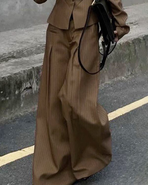 Loose Wide Leg Pleated Split-Joint Striped Pants Trousers