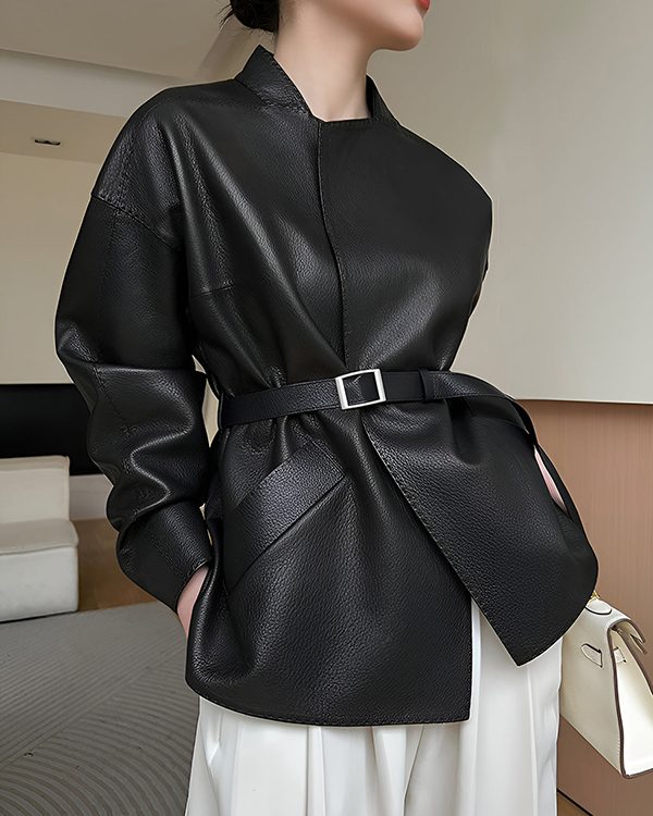 Long Sleeves Loose Belted Solid Color Stand Collar Jackets Outerwear