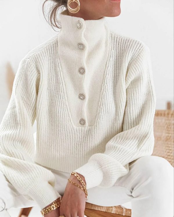 Long Sleeves Buttoned Solid Color High-Neck Sweater Tops