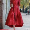 A-Line Loose Pleated Pockets Solid Color Split-Joint Round-Neck Midi Dresses