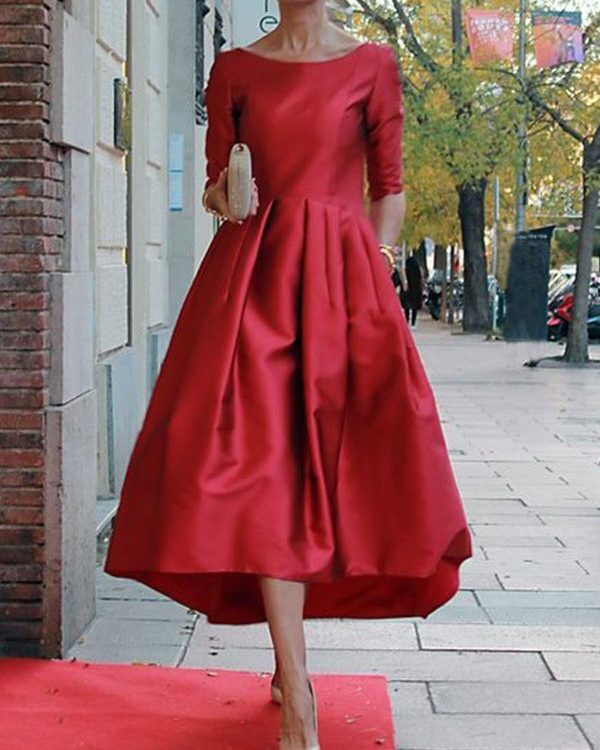 A-Line Loose Pleated Pockets Solid Color Split-Joint Round-Neck Midi Dresses