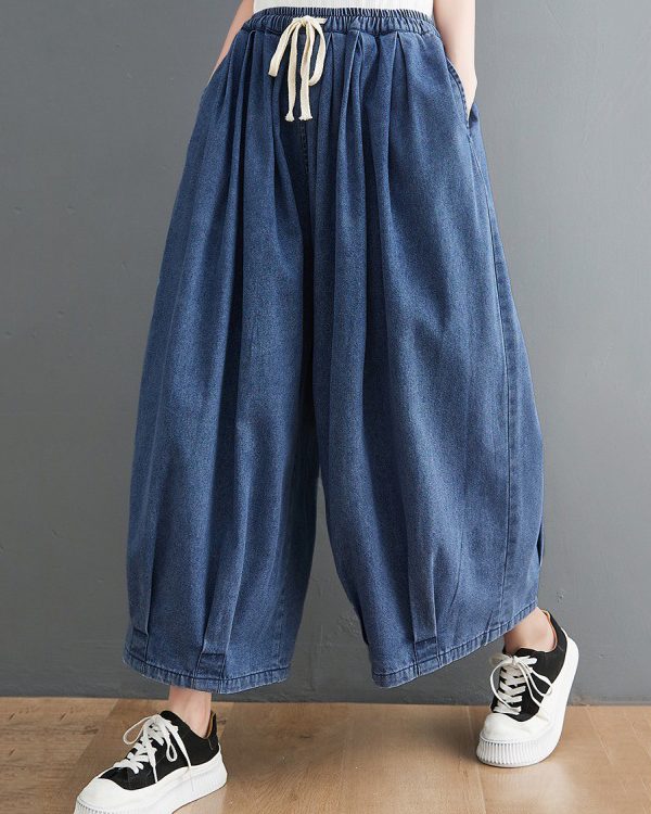 Casual Loose Drawstring Wide Legs Jean Pants