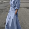 Loose Puff Sleeves Pleated Solid Color Split-Joint Lapel Maxi Dresses Shirt Dress