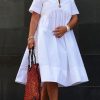 Loose Short Sleeves Solid Color Deep V-Neck Midi Dresses Shirt Dress