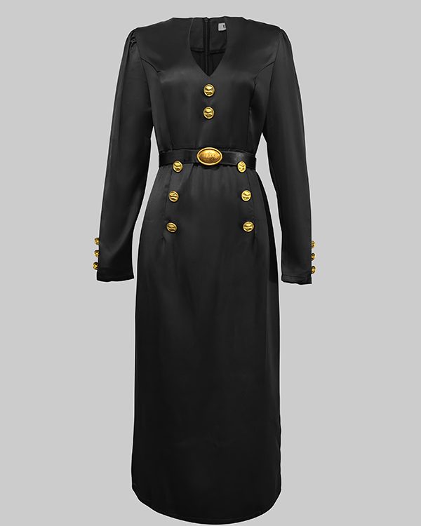 Long Sleeves Puff Sleeves Buttoned Solid Color Deep V-Neck Midi Dresses