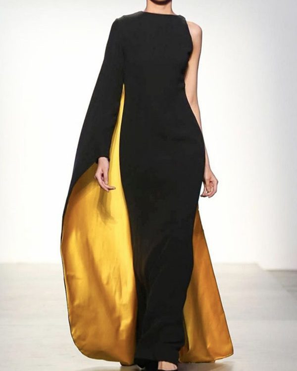Irregularity Asymmetric Contrast Color Round-Neck Maxi Dresses