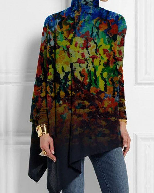 Batwing Sleeves Long Sleeves Asymmetric Printed Split-Side High Neck T-Shirts Tops