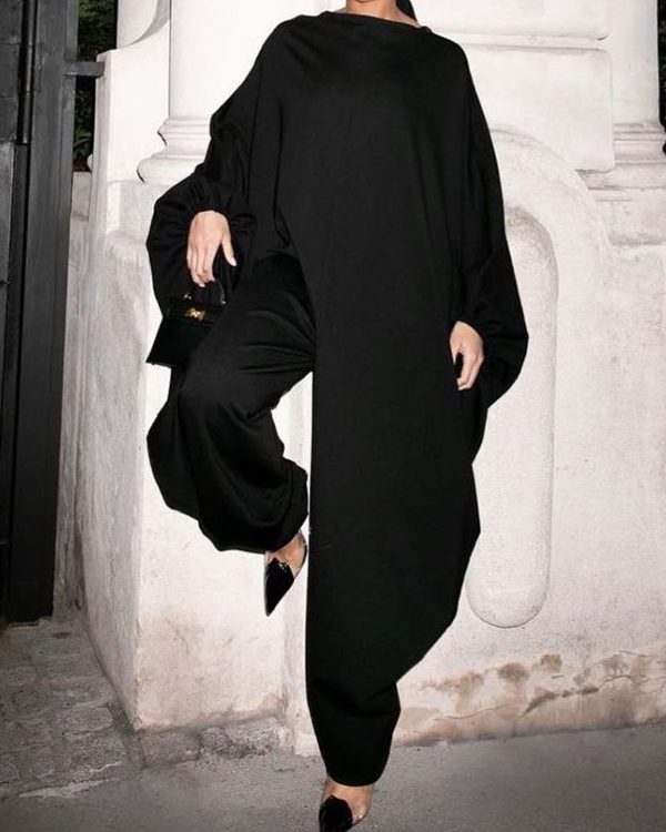 Batwing Sleeves Loose Mesh Solid Color Split-Joint Jumpsuits
