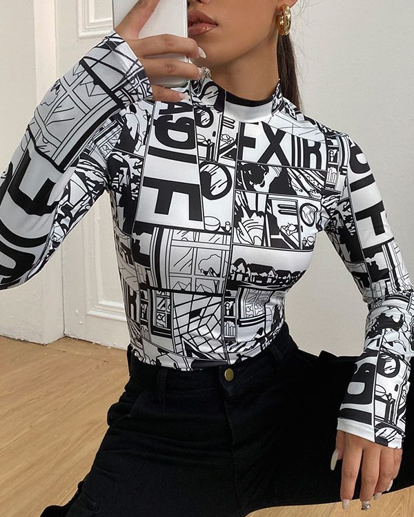 Long Sleeves Skinny Contrast Color Printed Mock Neck T-Shirts Tops