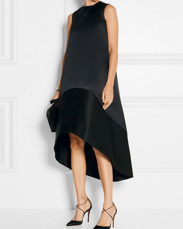 High-Low Loose Solid Color Split-Joint Round-Neck Midi Dresses