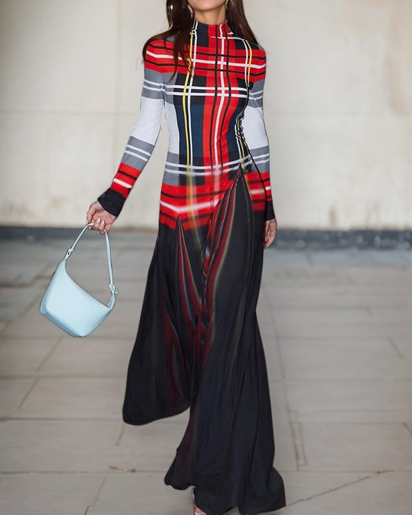 Long Sleeves Contrast Color Pleated Mock Neck Maxi Dresses