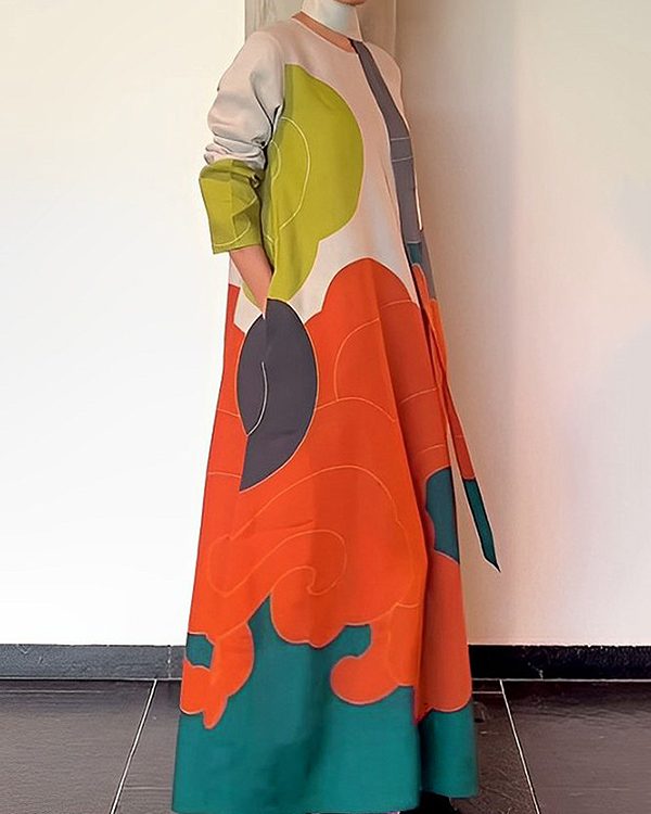 Long Sleeves Loose Printed Split-Joint Round-Neck Maxi Dresses