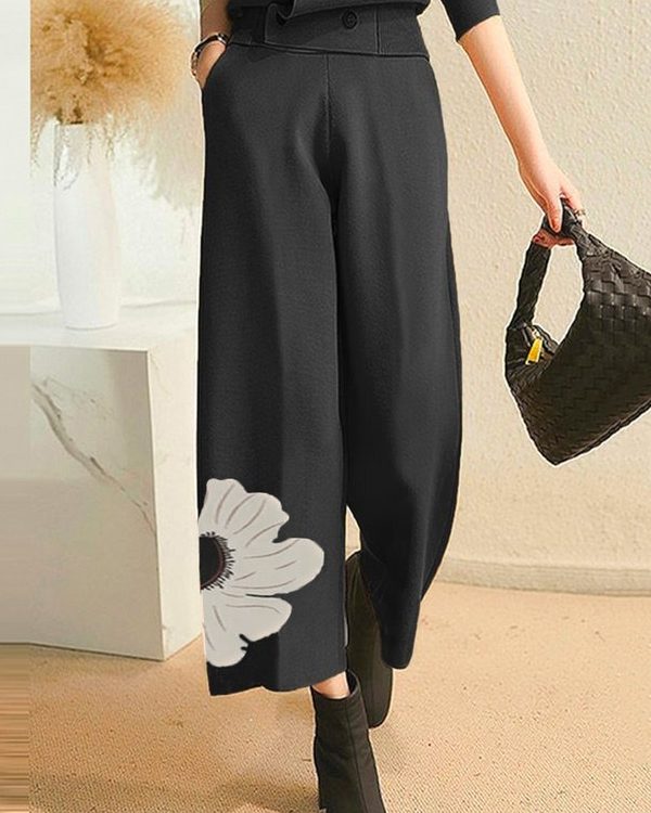High Waisted Loose Asymmetric Floral Printed Pants Trousers