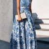 A-Line Loose Flower Print Split-Joint Lapel Maxi Dresses