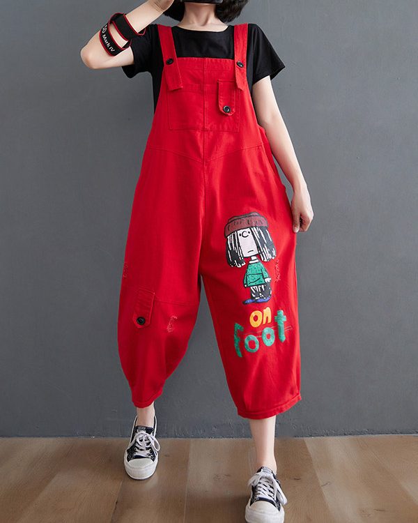 Original Cartoon Printed Puff Denim Overalls