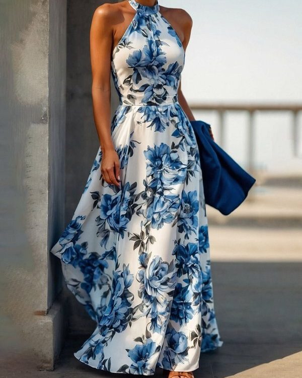 A-Line High Waisted Contrast Color Flower Print Pleated Halter-Neck Maxi Dresses