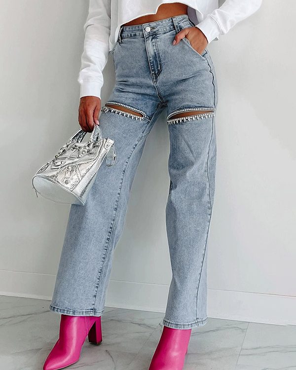 High Waisted Straight Leg Ripped Split-Joint Jean Pants Bottoms
