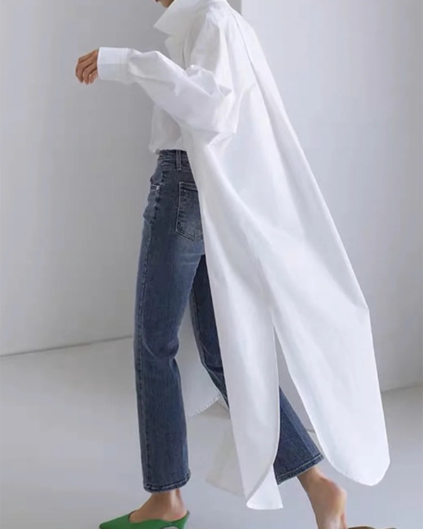 Long Sleeves Loose Buttoned Solid Color Split-Side Lapel Collar Outerwear Shirts Tops