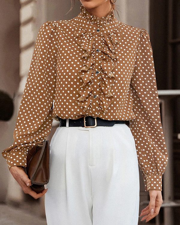 Loose Puff Sleeves Floral Pleated Polka-Dot Split-Joint Stand Collar Blouses