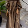 Loose Puff Sleeves Falbala Pleated Solid Color Off-The-Shoulder Maxi Dresses