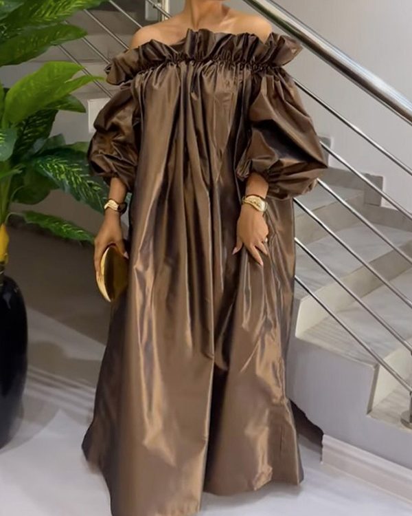 Loose Puff Sleeves Falbala Pleated Solid Color Off-The-Shoulder Maxi Dresses