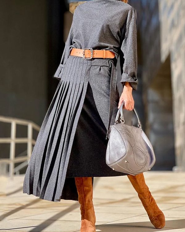 Solid Color Loose Top +  Asymmetric Pleated Split-Joint  Skirt Two Pieces Set