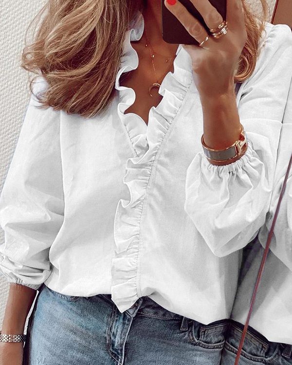 Puff Sleeves Falbala Solid Color V-Neck Blouses