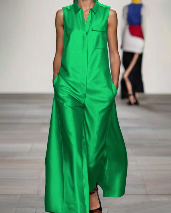Loose Sleeveless Pockets Solid Color Lapel Jumpsuits