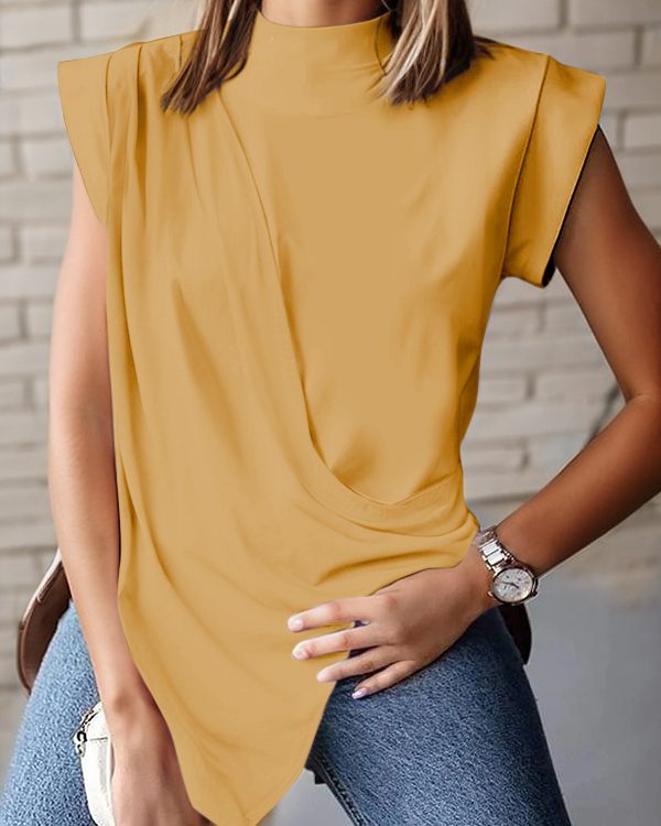 Loose Sleeveless Asymmetric Pleated Solid Color Split-Joint Mock Neck T-Shirts Tops
