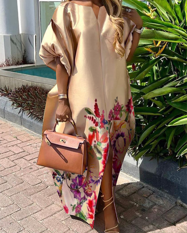 A-Line Half Sleeves Elasticity Flower Print Split-Front V-Neck Maxi Dresses