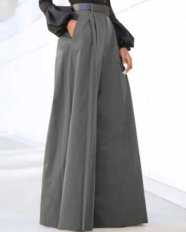 High Waisted Loose Pleated Solid Color Split-Joint Pants Trousers