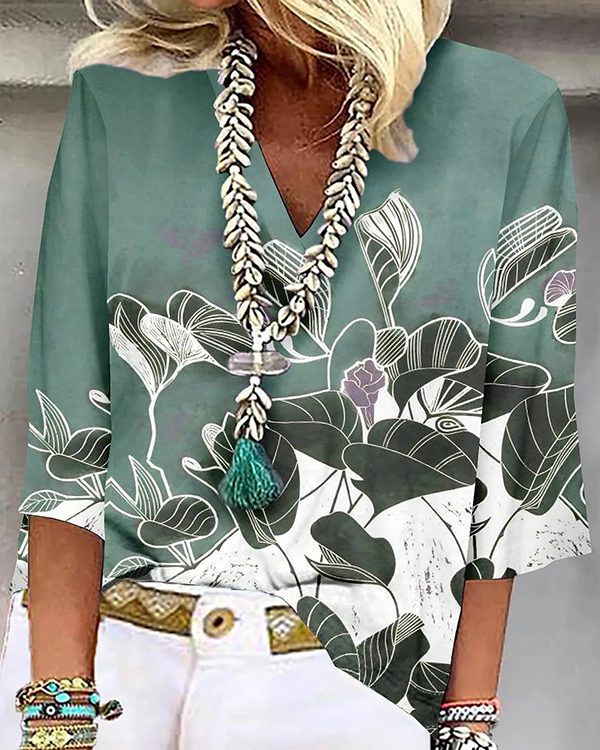 Loose Plus Size Flower Print Three-Quarter Sleeves V-Neck T-Shirts Tops
