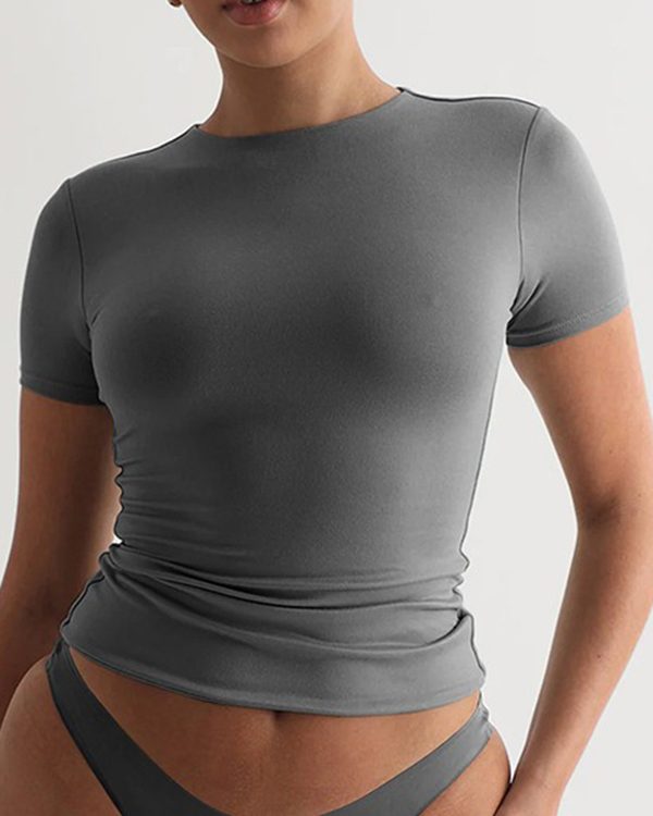 Short Sleeves Skinny Solid Color Split-Joint Round-Neck T-Shirts Tops