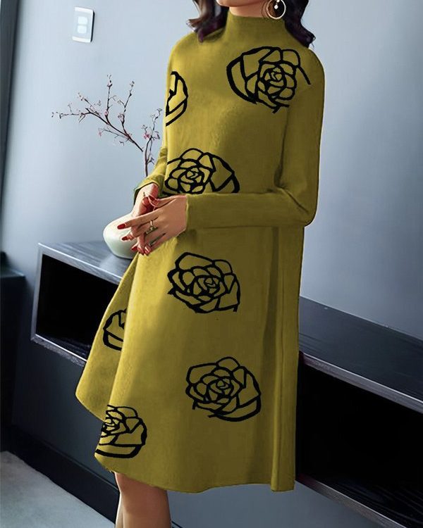 A-Line Long Sleeves Flower Print Mock Neck Midi Dresses