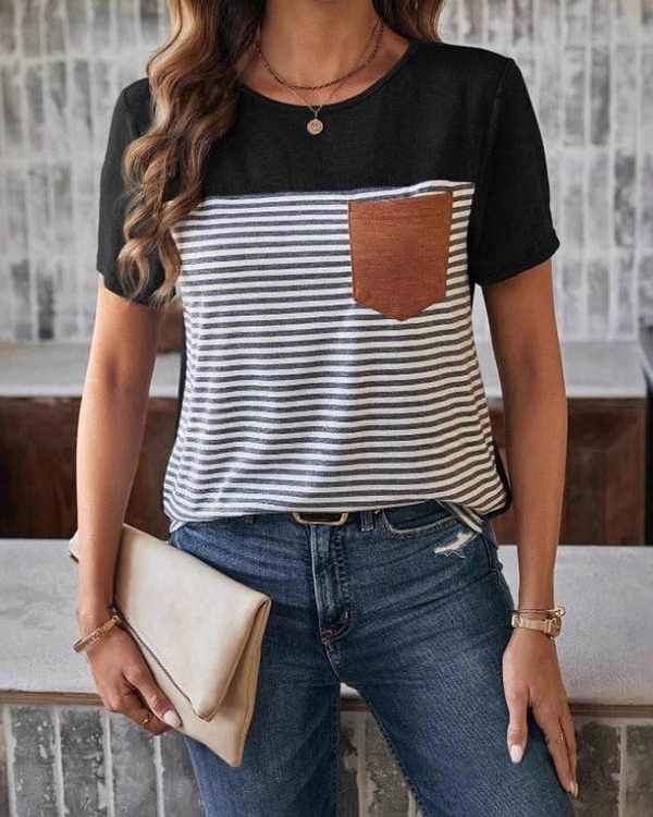 Loose Short Sleeves Split-Joint Striped Round-Neck T-Shirts Tops