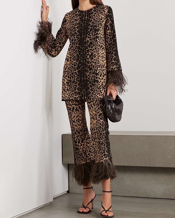 Long Sleeves Feathers Leopard Round-Neck Pants Pants Set T-Shirts Tops Two-Piece Sets